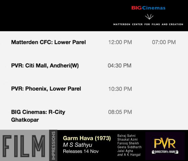Mumbai fixtures for #GarmHava. Note: PVR Andheri shows sold out till Sunday. http://t.co/Fy8tAatEn6