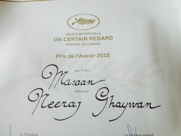 2nd award for India!! #MASAAN MOST PROMISING NEW COMER! See @anuragkashyap72 what your mentorship has got me to! http://t.co/ToQ7IQjzrw